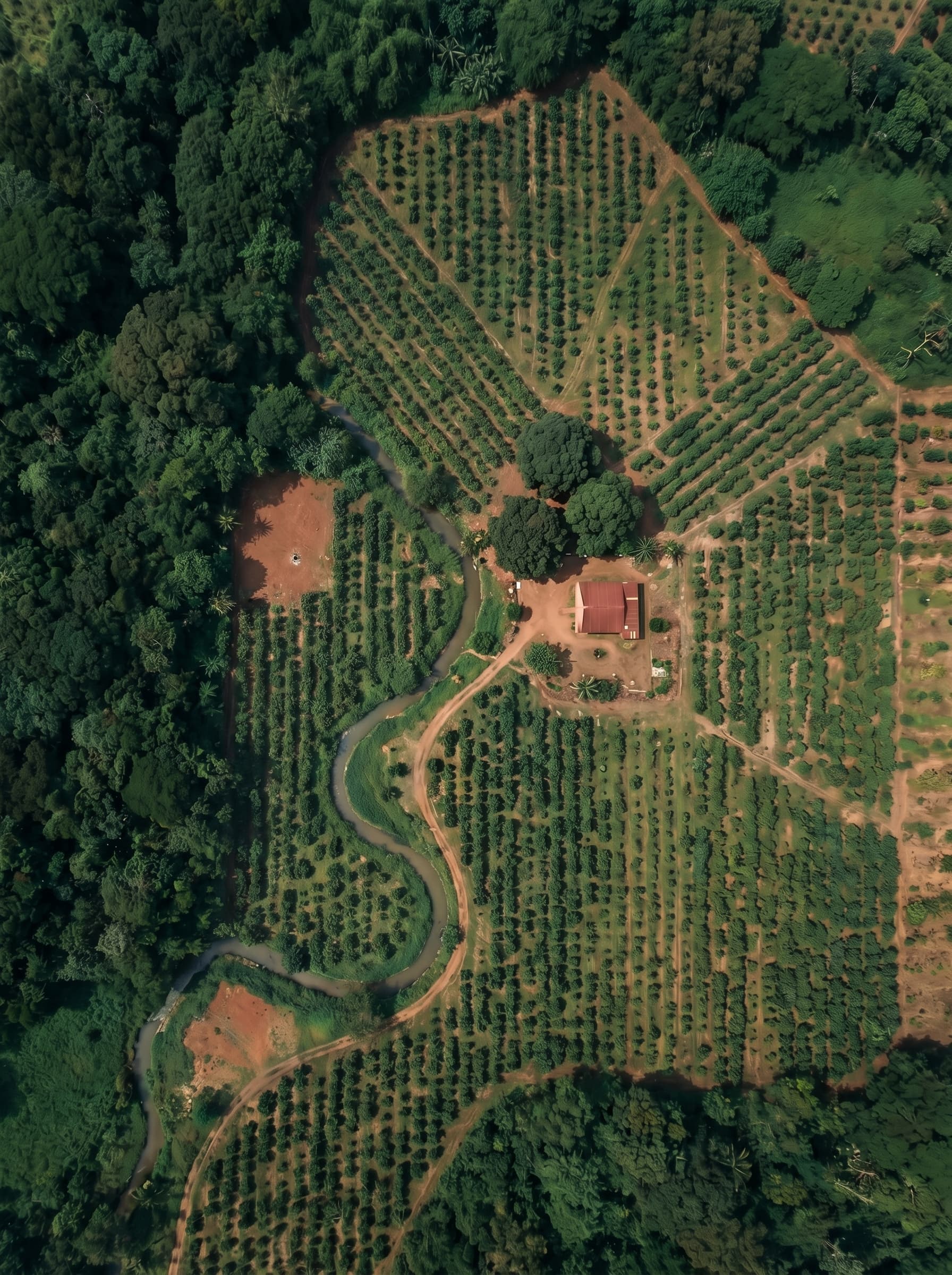The same farm five years later — the cleared land is now mature plantation rows, landmarks unchanged
