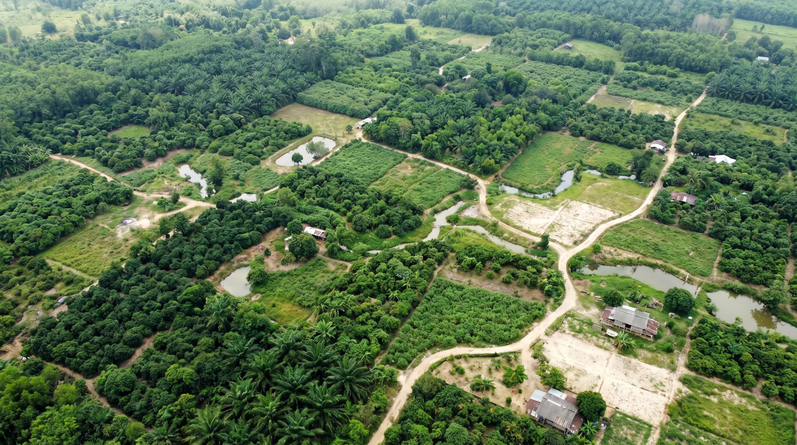 Aerial view of tropical farm plots from above